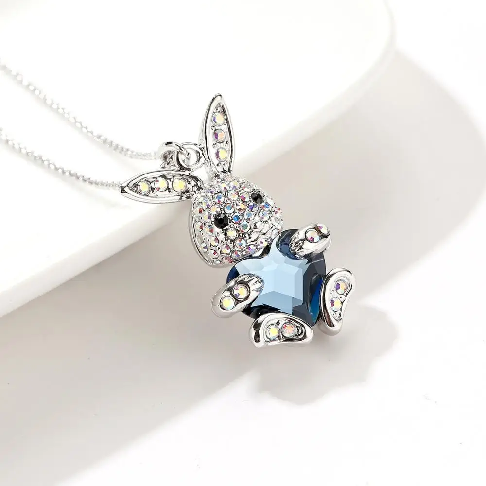 Cute Cartoon Rabbits Love Heart With Blue Crystal Necklace Bunny Pendant Charm Fashion Jewelry Drop Shipping