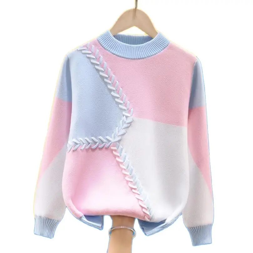 

2021 New Arrival Autumn-Winter Girls Sweaters 4-17Y Baby Girls O-neck Cotton Velvet Knite Warm Jakcet Quality Teenage Pullovers