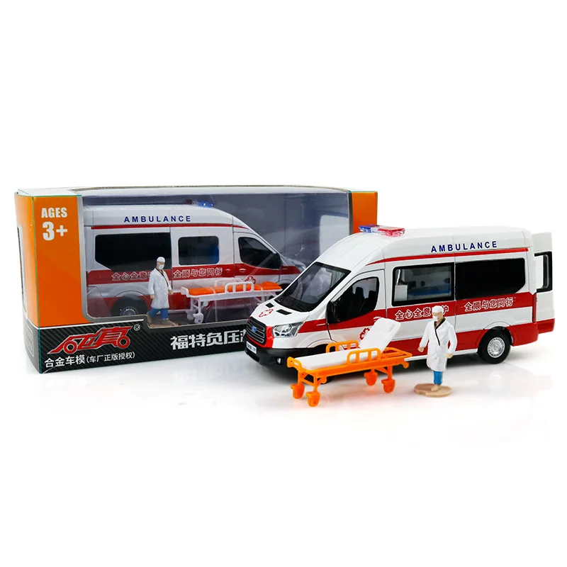 High-quality alloy pull back ambulance model,1:32 simulation sound and light rescue car toy,wholesale free shipping