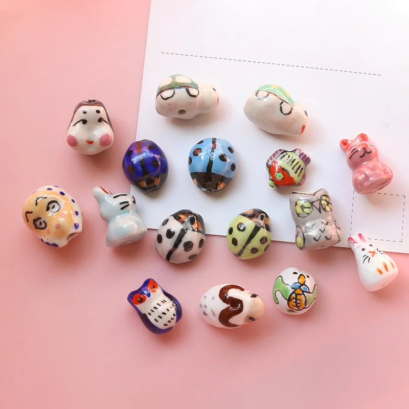5PCS Cartoon Hand-painted Wind Cute Ladybug Owl Head Ceramic Beads Diy Handmade Jewelry Earrings Pendant Accessories