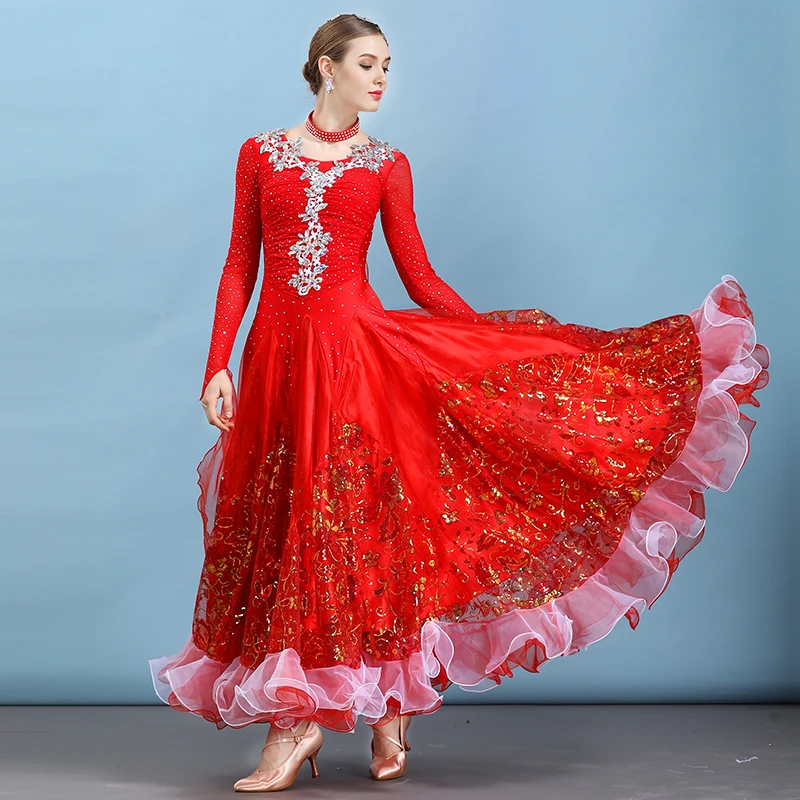 

Red ballroom dress waltz dance wear modern dance dress ballroom dance competition dresses fringe standard social dress tango