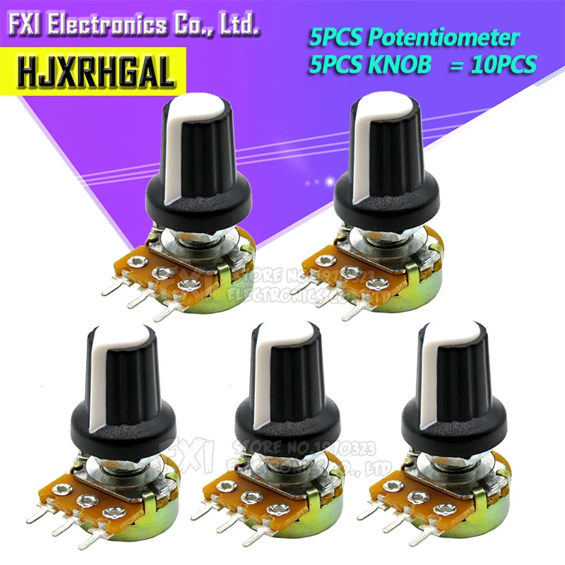 5 grupos wh148 1 k 10 k 20 k 50 k 100 k 500 k ohm 15mm resistor giratório linear do potenciômetro do atarraxamento de 3 pinos para arduino com tampão branco de ag2