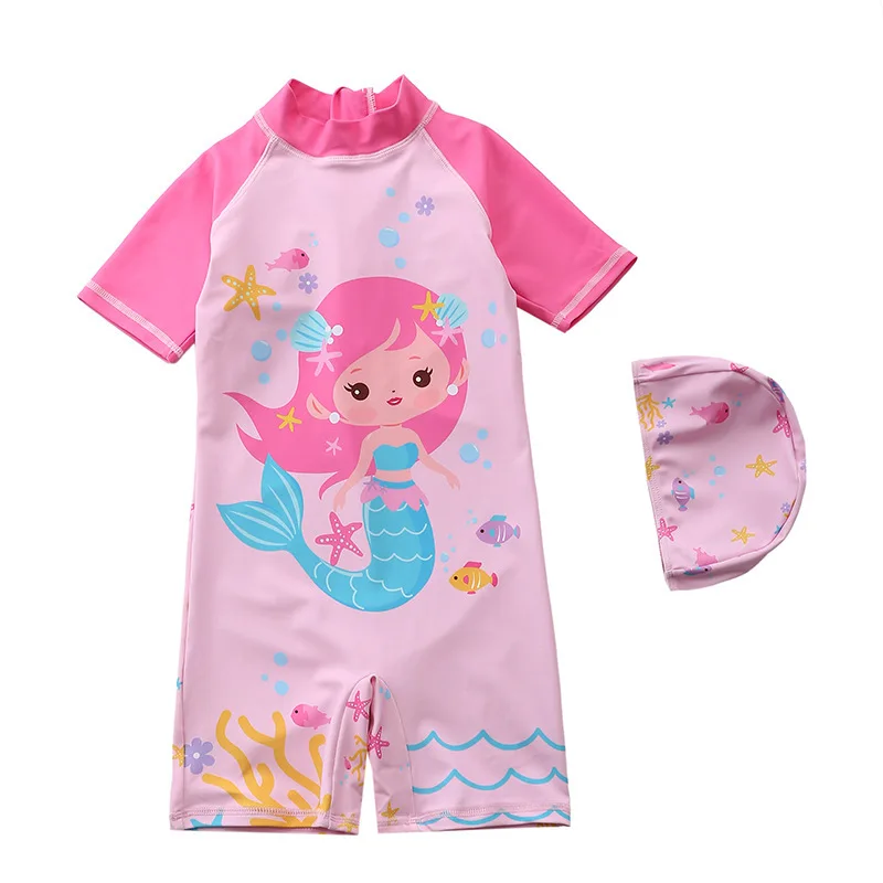 Swimsuit Baby Girl Unicorn Mermaid Girls Swimwear One Piece with Short Sleeve Sun Protection Children Swimming Suit Bath Suits