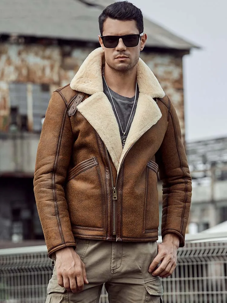 New Mens B3 Shearling Coat Brown Leather Jacket Flight Short Fur Overcoat Fashion Motorcycle Parkas