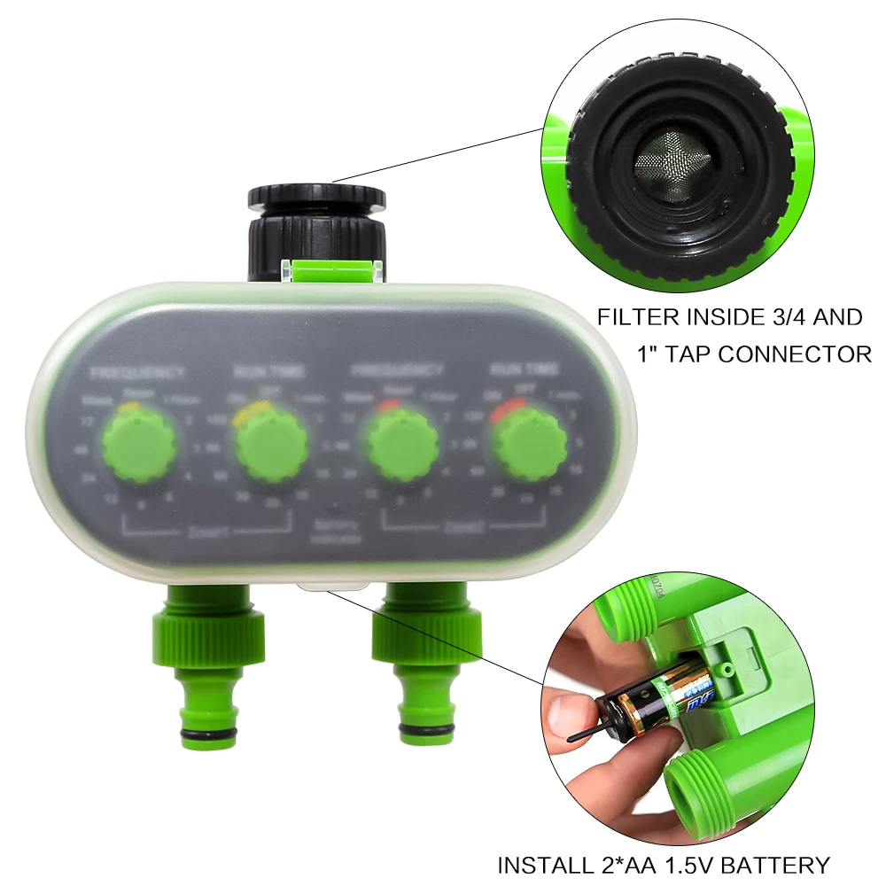 Automatic Ball Valve Tap Water Timer Two Outlet Electronic Battery Operated Garden Water-proof Irrigation Controller Green