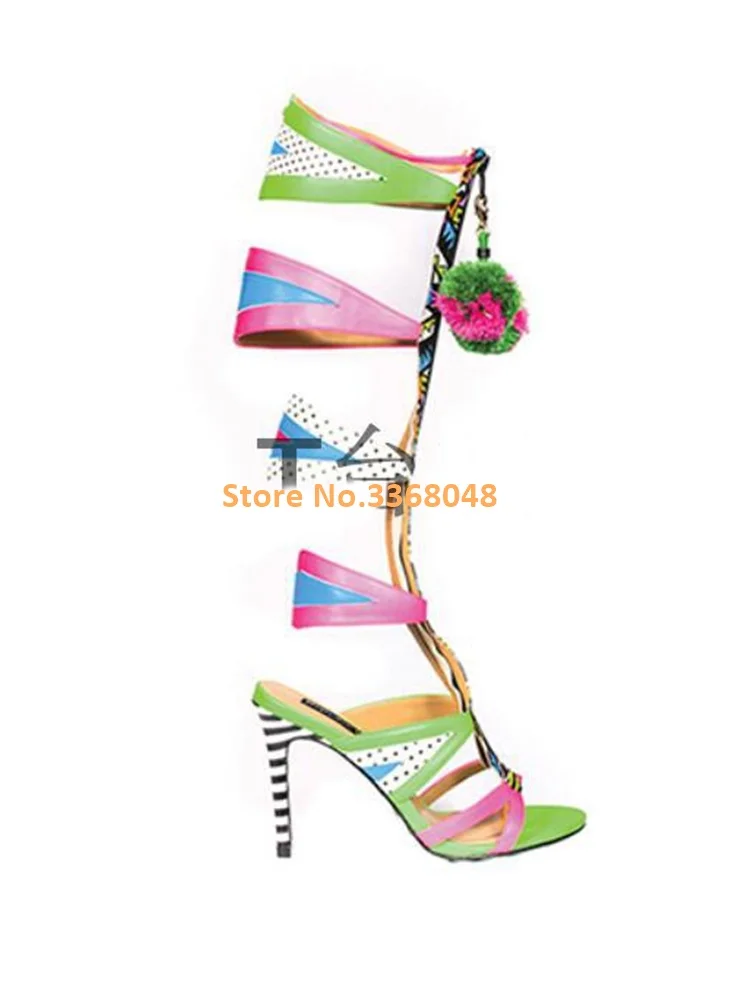 Rome Knee High Sandal Boots Zipper Up Ball Decor Mixed Color Hollow Runway Dress Ladies Sandals Candy Color Open Toe Summer Boot