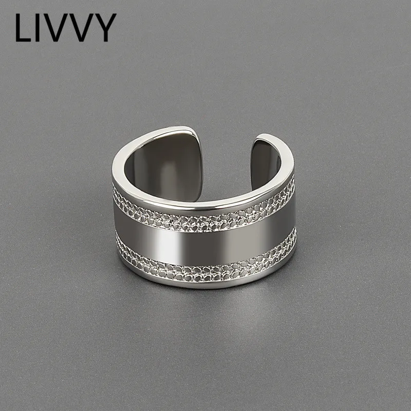 

LIVVY Silver Color Geometry Pattern Wide Ring For Women Couples Vintage Simple Fashion Creative Elegant Daily Party Jewelry Gift