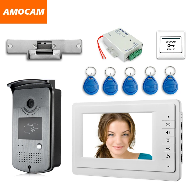 

7" Screen Video Door Phone Doorbell Intercom System + Strike Lock+Alunimum Camera + Power Supply+ Door Exit+ ID Keyfobs