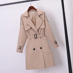 Khaki Double-breasted Women's Windbreaker Spring/Summer Korean Slim Turn down collar Ladies Outwear Plus Size Casual Trench Coat