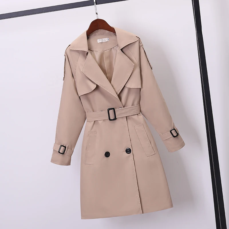 Khaki Dwurzędowa damska wiatrówka Wiosna/Lato Koreański Slim Wywijany kołnierz Damska odzież wierzchnia Plus Size Casual Trench Coat