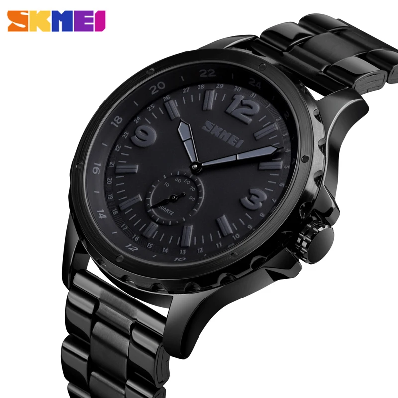 SKMEI Pria Jam Tangan Atas Merek Mewah Quartz Watch Klasik Kasual Hitam Penuh Baja Jam Tangan untuk Pria Relogio Masculino