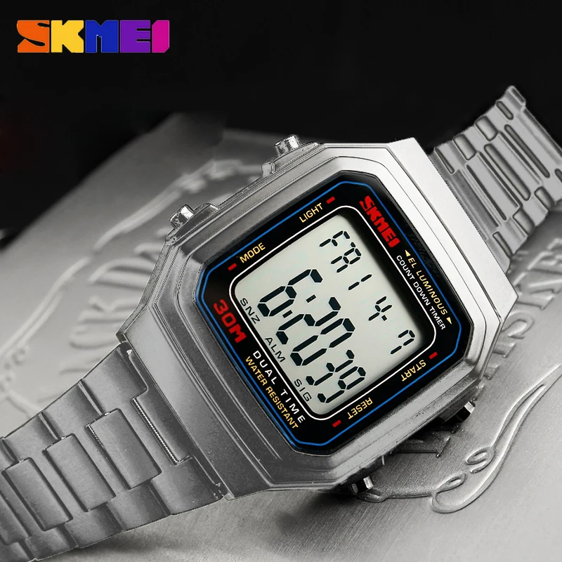 

SKMEI Sports Mens Watches Digital Watch Countdown Waterproof Stainless Steel LED Wristwatches Relogio Masculino 1337