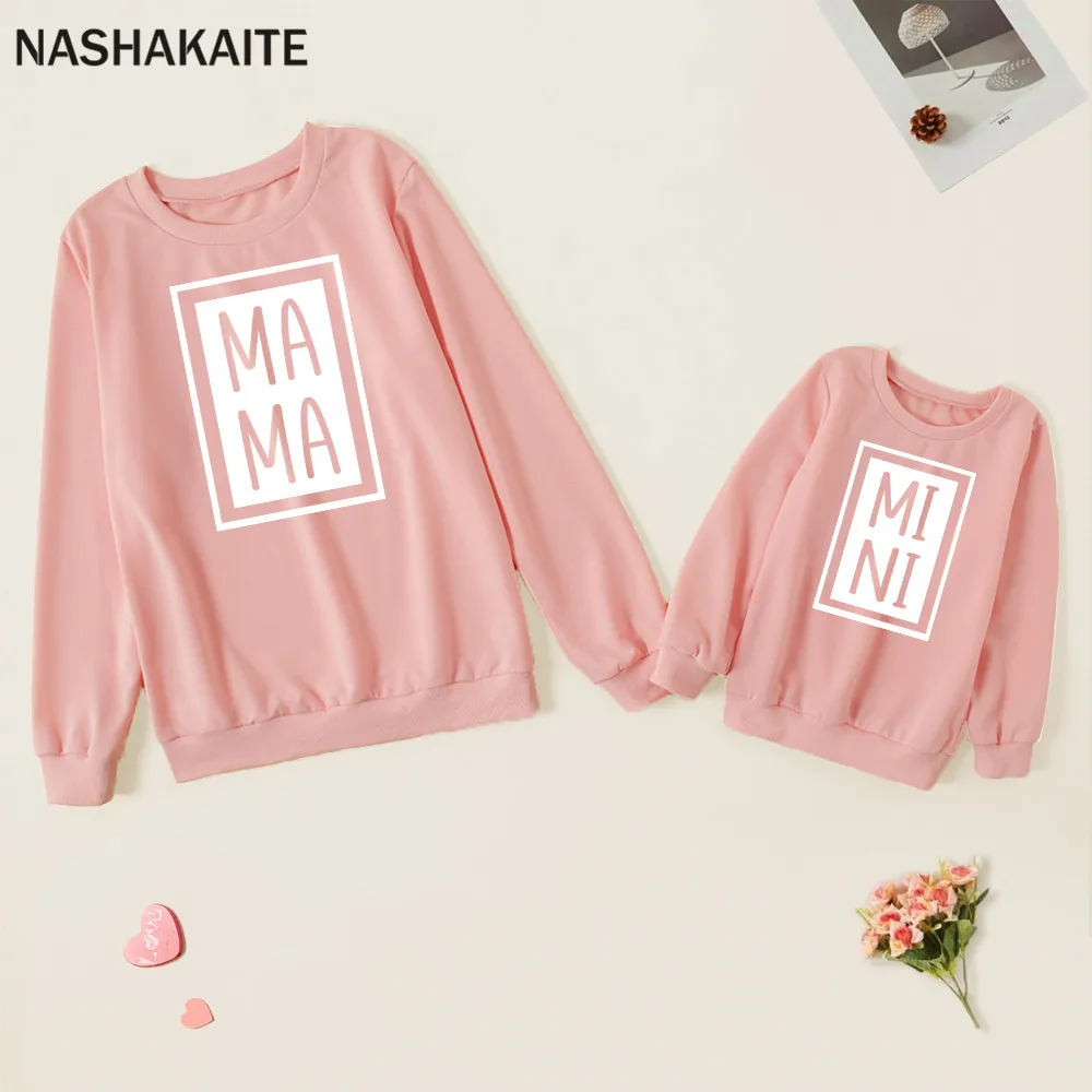 NASHAKAITE Mother Kids Family Sweatshirts MA MINI Letter Printed Clothes Mom And Daughter Equal Mommy And Me Clothes Family Look