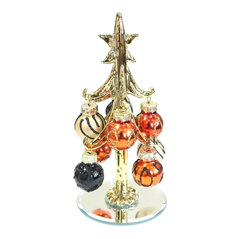 Custom 13cm Small Glass Christmas Tree Figurines Ornaments With 8pcs Hanging Hand-Painted Xmas Balls Pendant Home Tabletop Decor