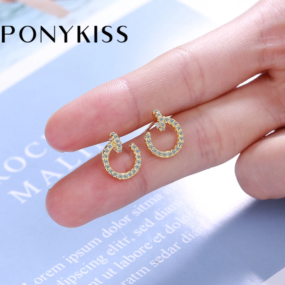 PONYKISS Lovely 925 Sterling Silver Minimalist Semicircle Nail Zircon Stud Earrings for Women Trendy Fine Jewelry Drop Shipping