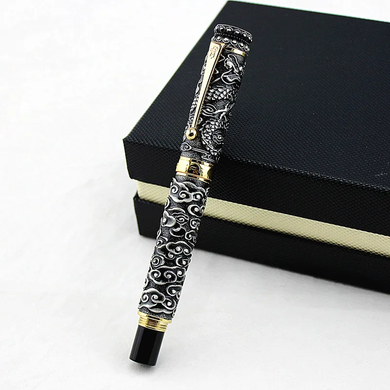 Jinhao Vintage Rollerball Pen Dragon Playing Pearl, Ancient Gray Metal Carving Embossing Heavy Pen Leather gift box selection