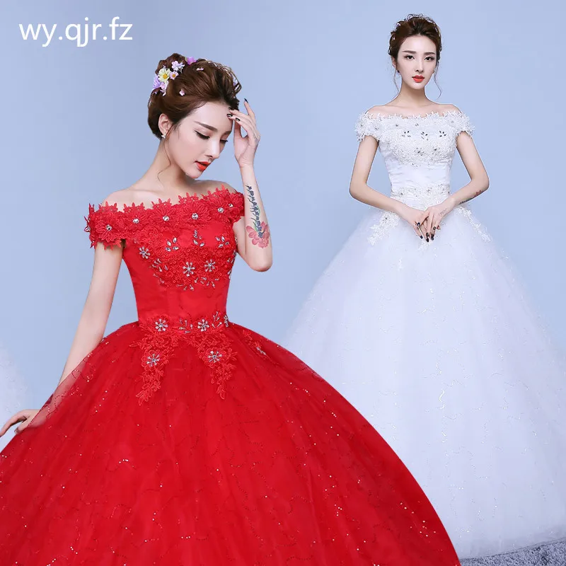 XXN-036#Off Shoulder Red White Resin drill Sequins lace up Bride's wedding dress Embroidered Lace Net married Dresses wholesale