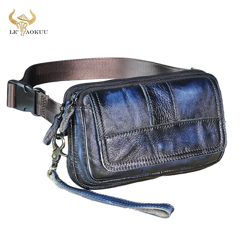 Brand Natural Leather men Casual Retro Blue Travel Clutch Fanny Waist Belt Bag Chest Sling Bag Design Phone Cigarette Pouch 341