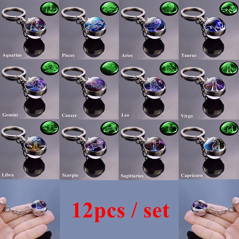 

12 Pcs/set Luminous Zodiac Keychain Glass Ball Pendant Constellation Key Chain Ring Glow In The Dark Men Women Birthday Gift
