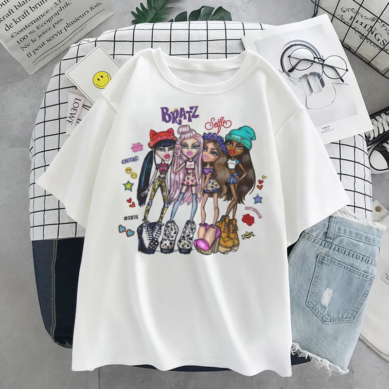 Camisetas femininas com letras Bratz, tops casuais, moda Harajuku, estampa de manga curta, streetwear gráfico Y2k, grandes dimensões, verão, novo