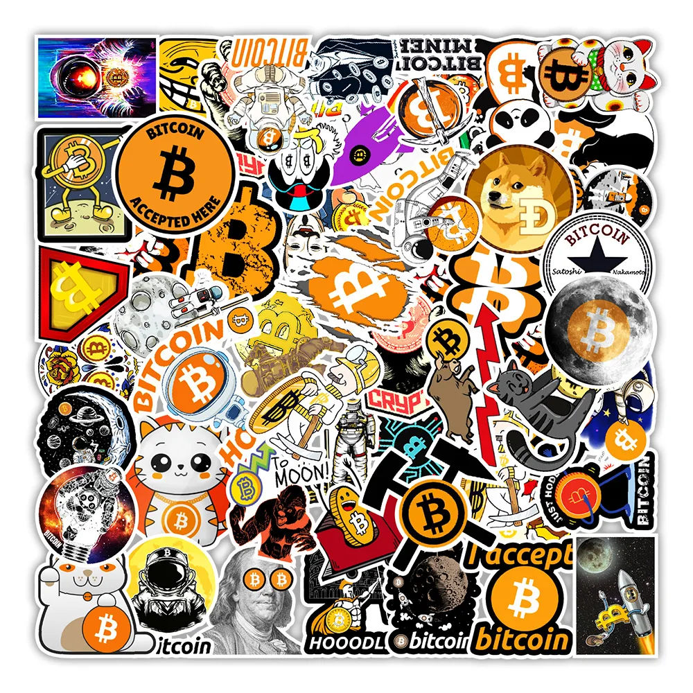 50pcs/set Cartoon Bitcoin Encrypted Virtual Currency BTC Stickers For Helmet Kid Diy Laptop Mixed Skateboard Luggage Case