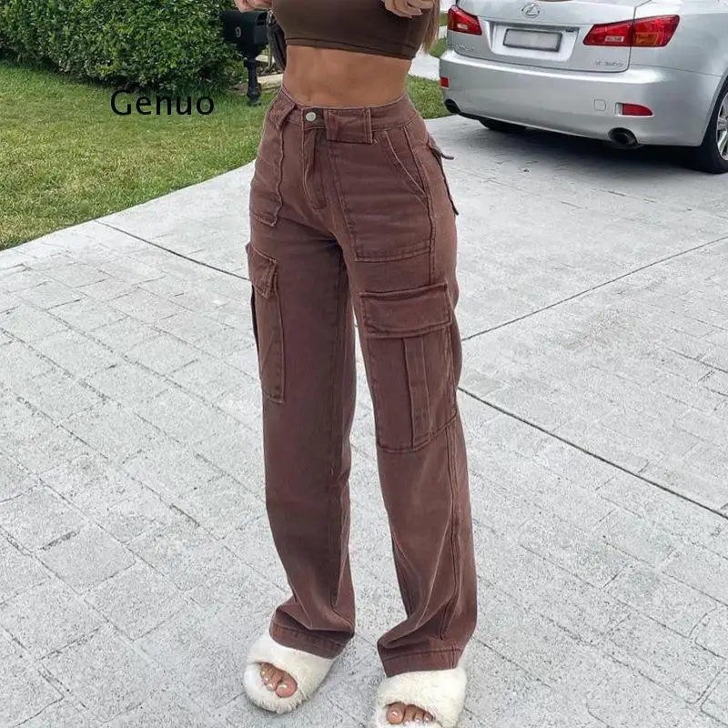 

Brown Vintage Baggy Jeans Women 90s Streetwear Pockets Wide Leg Cargo Pants Y2K High Waist Straight Denim Trousers 2021