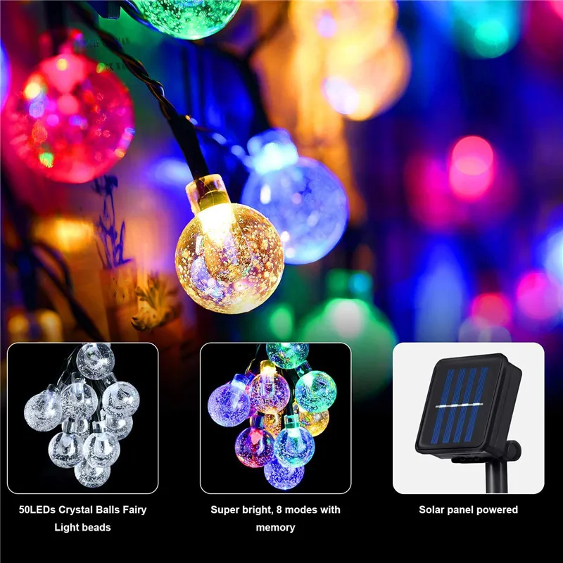 ソーラーパワーledクリスタルボールランプ,10m,50個のled,フェアリーライト,庭の花輪,屋外のクリスマスデコレーション,カラフル,新品