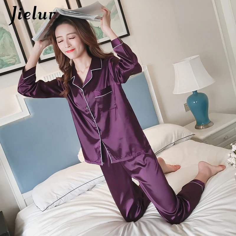 Jielur Autumn Lady Long Sleeve Shirt+Pants Solid Color Casual Home suit Silk Satin Women Pajama Sets Breathable Pijama Feminino