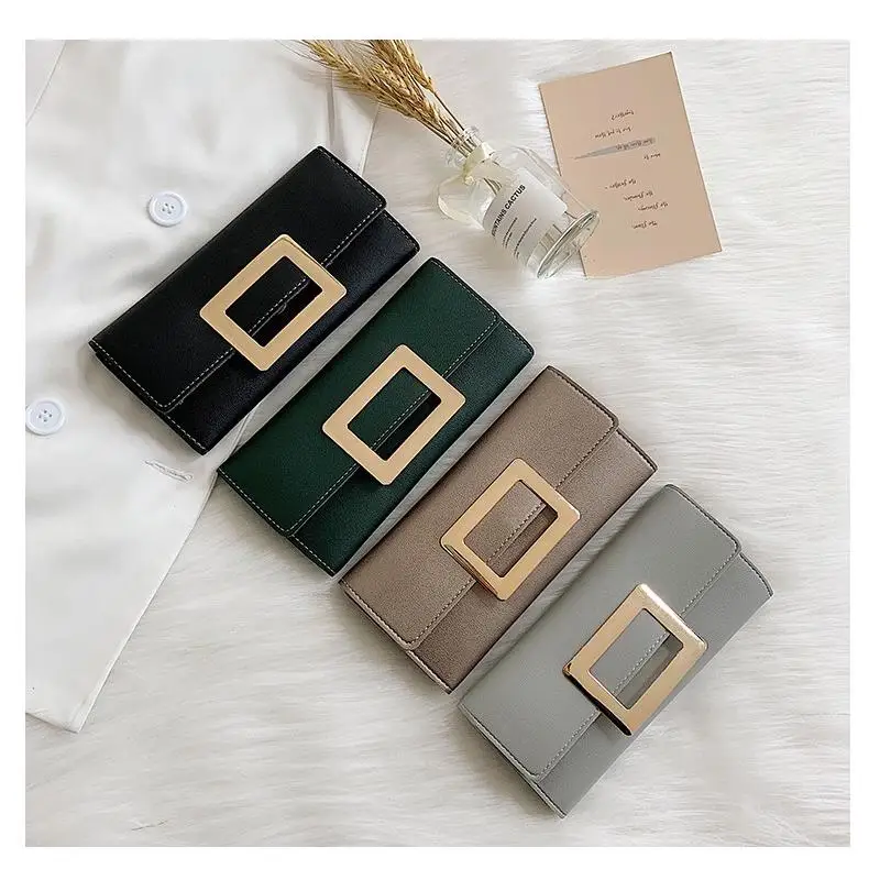 

2021 Fashion Square Leather Metal Buckle Women's Wallet Exquisite Long Female Clutch Card Holder Coin Purses