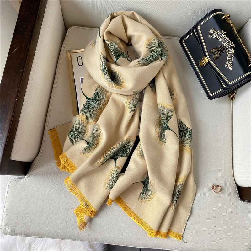 New Ginkgo Print Cashmere Blend Scarves Shawls Ladies Thick Large Size Pashmina Tassel Mujer Bufanda Spring Autumn Wraps Hijab