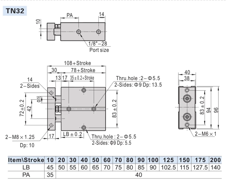 TN Doppelstangen-Geführter Pneumatikzylinder mit Doppelwelle, Nicht-Rotierend, 10 16 20 25 32 40mm Bohrung, Doppeltwirkend, Eingebauter Magnet, DMSJ – Detail 9