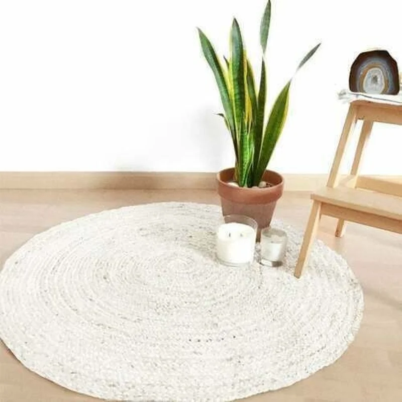 Home Rugs 100% Natural Braided White Jute Handmade Reversible Living Area Carpet Rug Bedroom Decor