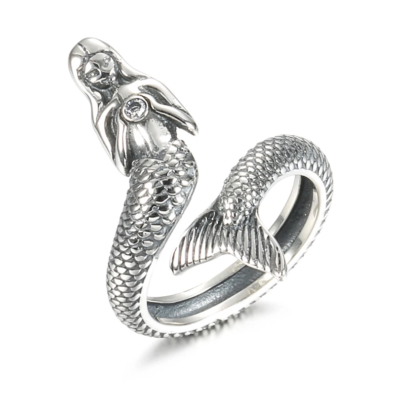 Kinel Hot Sale Trendy 100% 925 Sterling Silver Animal Collection Mermaid Family Finger Rings For Women Silver Jewelry Gift