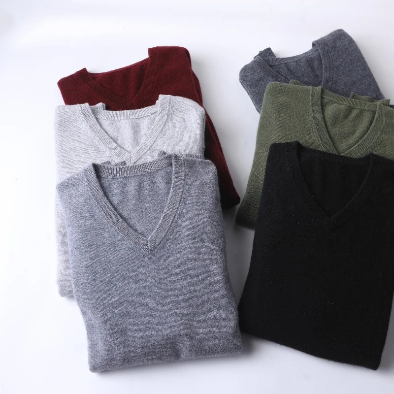 100% Pure Goat Cashmere Knitted Jumpers Top Grade Man Sweaters Winter Warm Vneck Long Sleeve Pullovers Male Standard Clothes