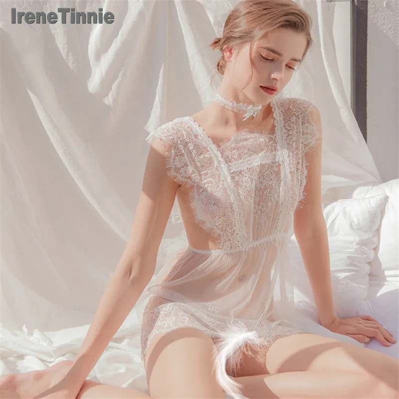 

IRENE TINNIE Sexy Pajamas Women 2 Piece Sets Transparent Light Thin Temptation Lace Underwear Elegant And Romantic Nightdress