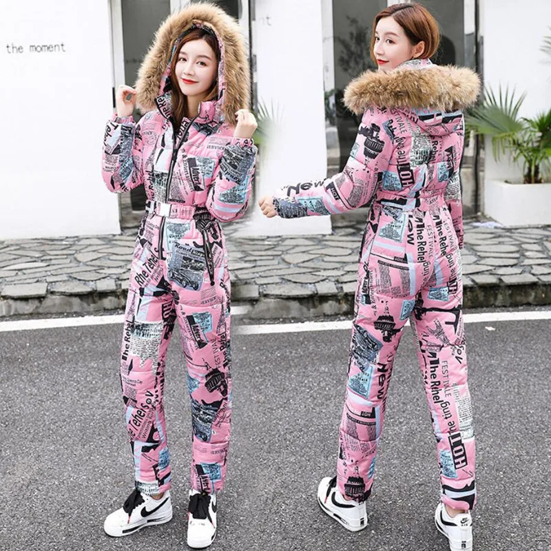 

2021 Winter Warm One Piece Jumpsuit Women Outfit Ski Suit Jacket Parka Female Hooded Bodysuit Overalls Ladies Tracksuits q440