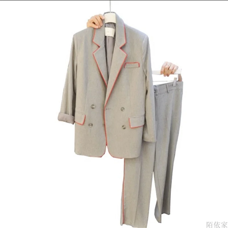 Spring and autumn new fashion was thin-edged temperament Hemming mid-length small suit straight pants women's suit Two-piece