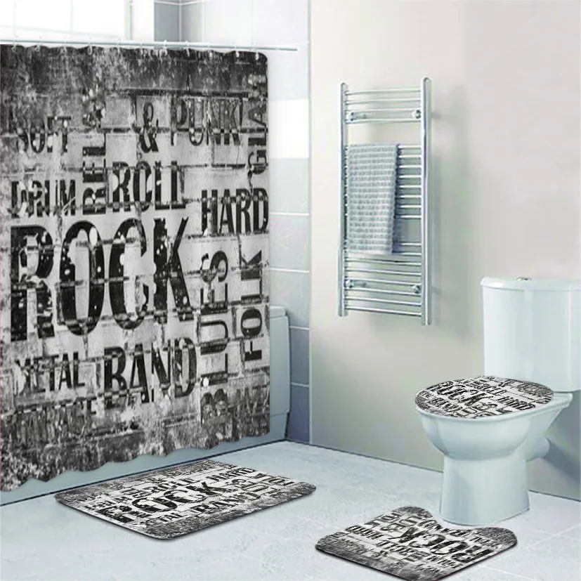 Grunge Rock Music Poster Bath Shower Curtain Set Vintage Brick Wall Guitar Musical Bathroom Mats Rugs for Toilet Home Decor Gift