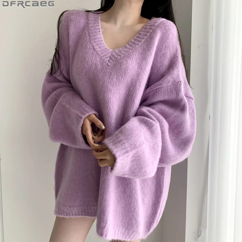 Winter Pull Oversize Femme Casual Loose Oversized Sweater Women V Neck Long Knitted Pullovers Purple Green Grey Sweaters Coats