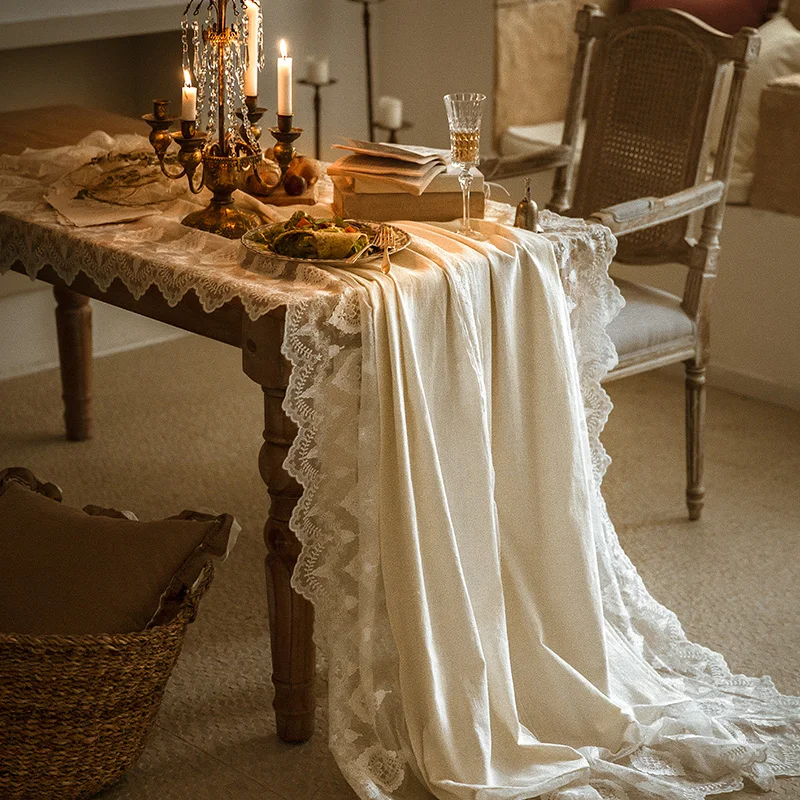 French White Lace Tablecloth Nordic Retro Stitching Rectangular Home Coffee Table Cover Delicate Romantic Tablecloth Wedding
