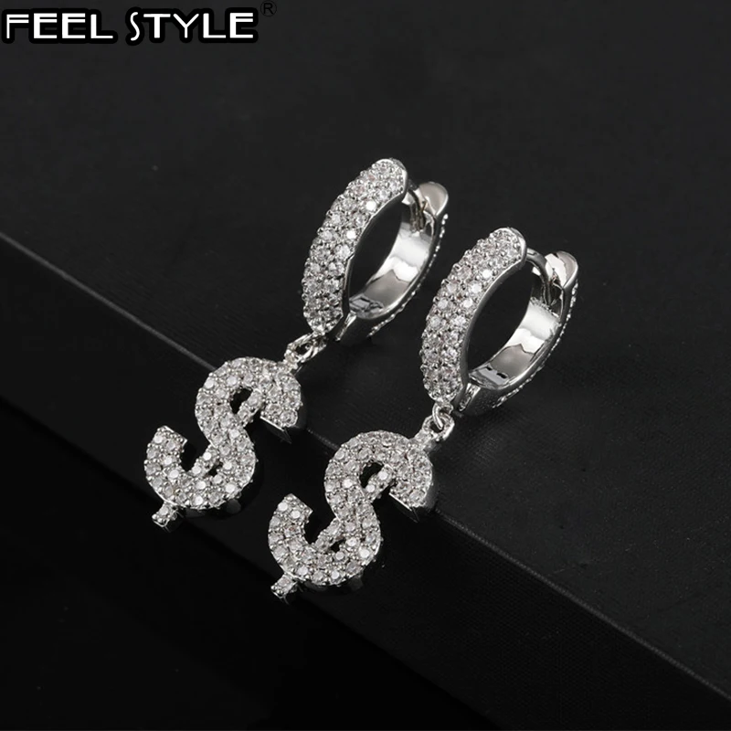 Hip Hop 1Pair Bling Iced Out  Cubic Zircon US Dollar Stud Earring Rock For Men Women Jewelry