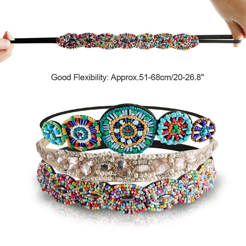 Vintage Green Blue Queen Shiny Crystal Handmade Beads Elastic Headband Women Wedding & Engagement Hair Accessories Bridal Banage