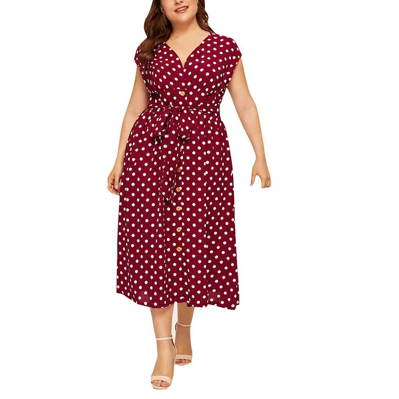 Oversize Polka Dot Dresses Female Button Lace-up Waist V-neck Mother Dresses Women Fashion Loose Long Dress Lady 2023 New Summer