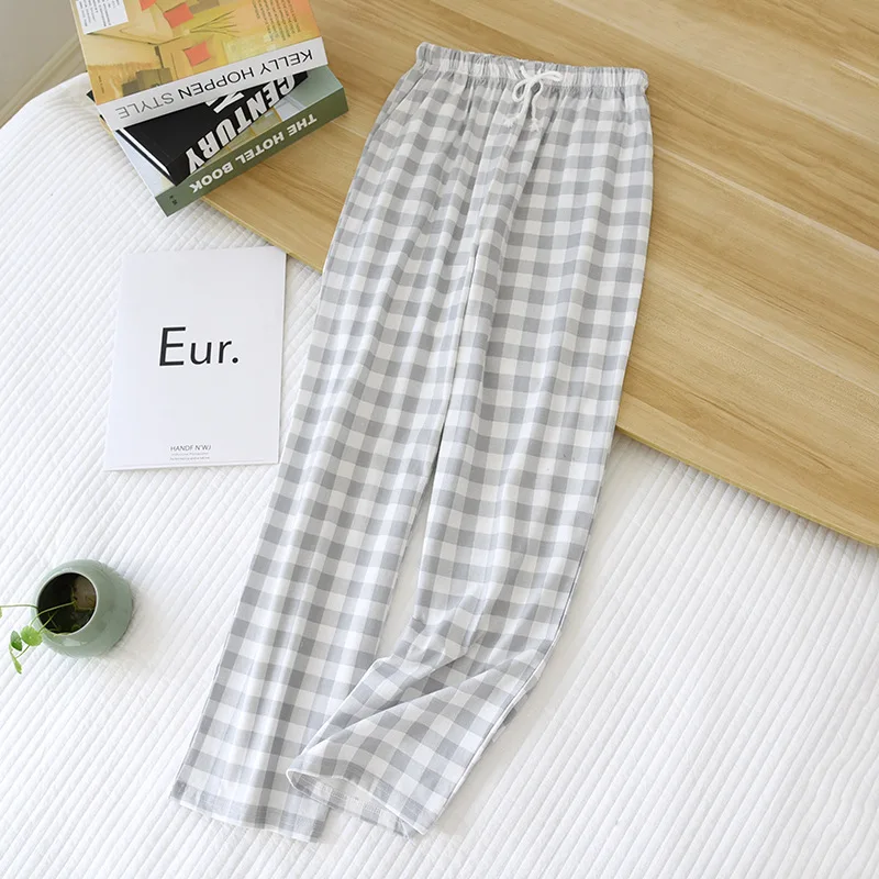 Men and Women Japanese Simple Plaid Sleep Bottoms Spring/Autumn Knitted Cotton Casual Trousers Thin Loose Couple Home Pants 2021