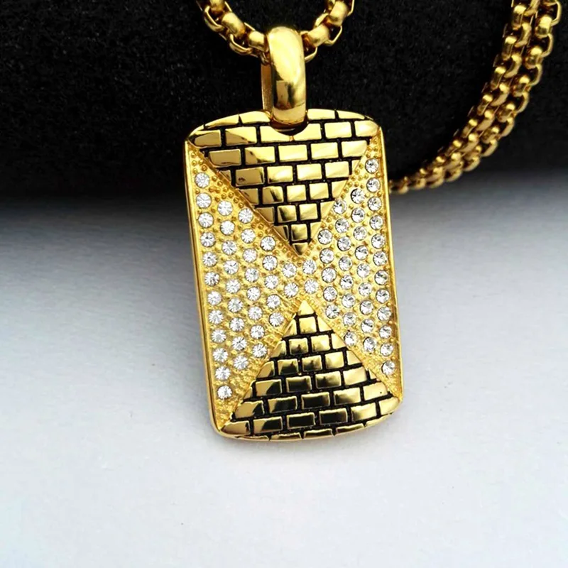 Hip Hop Rhinestones Paved Bling Iced Out Gold Color Stainless Steel Pyramid Pendant Necklace for Men Rapper Jewelry