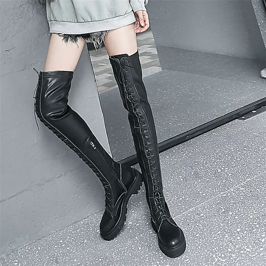 2025 Winter Warm Shoes Women Stretchy Low Heels Over The Knee High Snow Boots Female Lace Up Round Toe Platform Fashion Sneakers