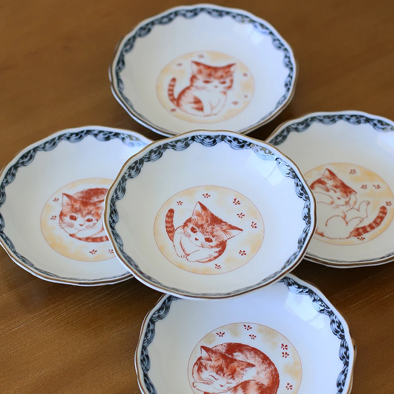 Spot five pack 】 nine valley imported from Japan to burn red paint of the cat dab of ceramic tableware gift sets