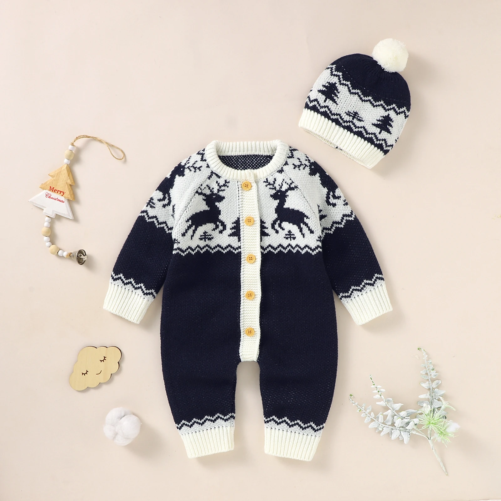My First Christmas Clothes Rompers Overalls Casual Long Sleeve Jumpsuit with Hat Cute Fawn Knitted Single-breasted Long Pants