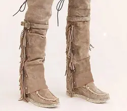 Fashion 2024 Bohemian Boho Over The Knee Boots Ethnic Women Tassel Fringe Faux Suede Leather Booties Girl Flat Long Botas Mujer