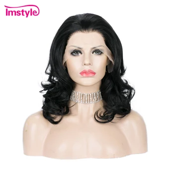 פרות שחורות קצרות מסינתטיות עם קדמת תחרה, סיבים עמידים בחום, פרות יומיות לקוספליי לנשים, קו שיער טבעי